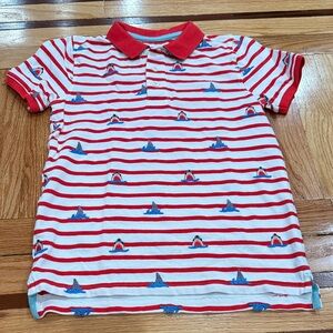 Boden Red and White Striped Kids Polo Shirt with Shark Print size 9-10